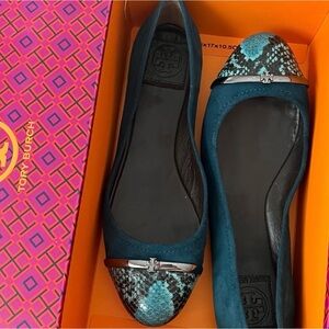 Tory Burch Pacey Driver Ballet suede deep teal snake round cap toe flats 7.5